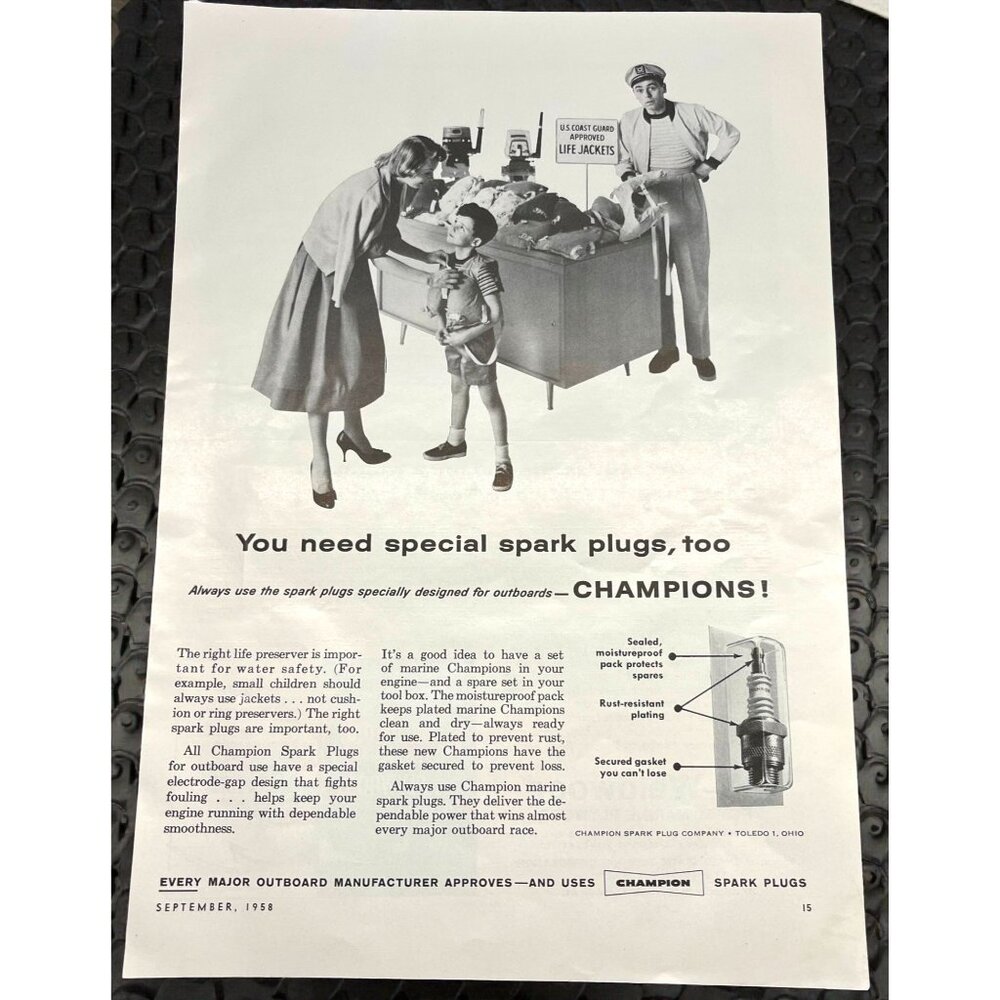 Champion Spark Plugs Vintage Print Ad 1950s Outboard Marine Boat Racing